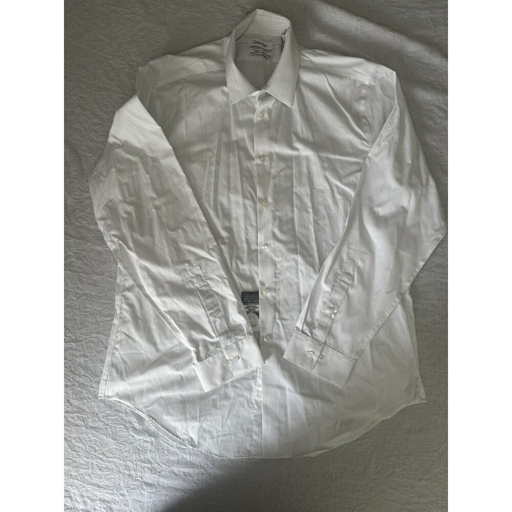 Calvin Klein Men's Size 17 34/35 Button Up Shirt White Vertical Stripes Business